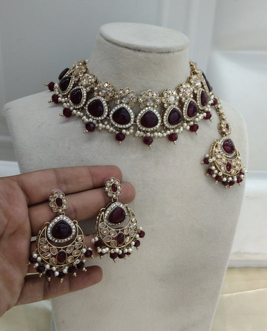 Maroon Choker Monalisa Stone Jewellery Muskan Kundan Set