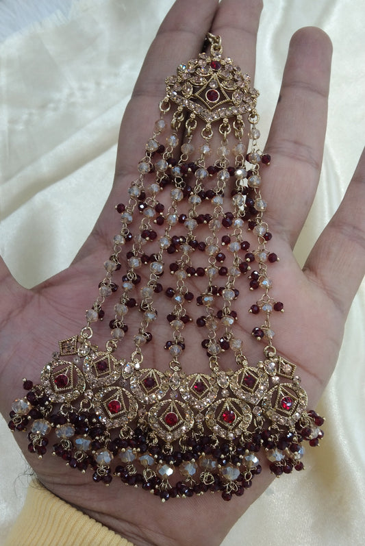 Maroon Crystals Headpassa Jhumar Kundan Jhoomer Jewellery