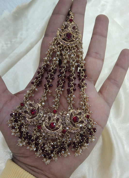 Maroon Crystals Headpassa Jhumar Kundan Jhoomer Jewellery