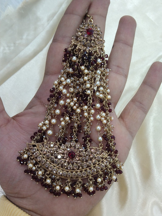 Maroon Crystals Headpassa Jhumar Kundan Jhoomer Jewellery