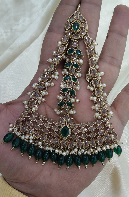 Green Crystals Headpassa Jhumar Kundan Jhoomer Jewellery