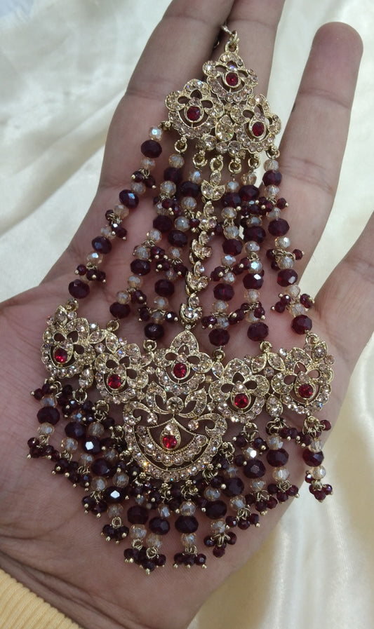 Maroon Crystals Headpassa Jhumar Kundan Jhoomer Jewellery