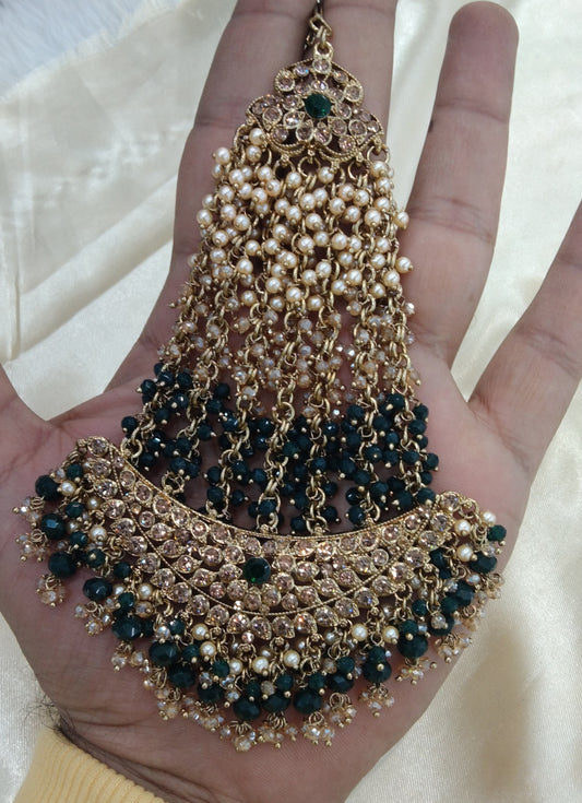 Green Crystals Headpassa Jhumar Kundan Jhoomer Jewellery