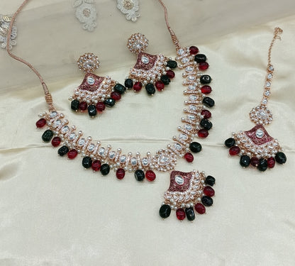 Maroon Green Kundan 21 Karet Necklace Jewellery Hipi Set
