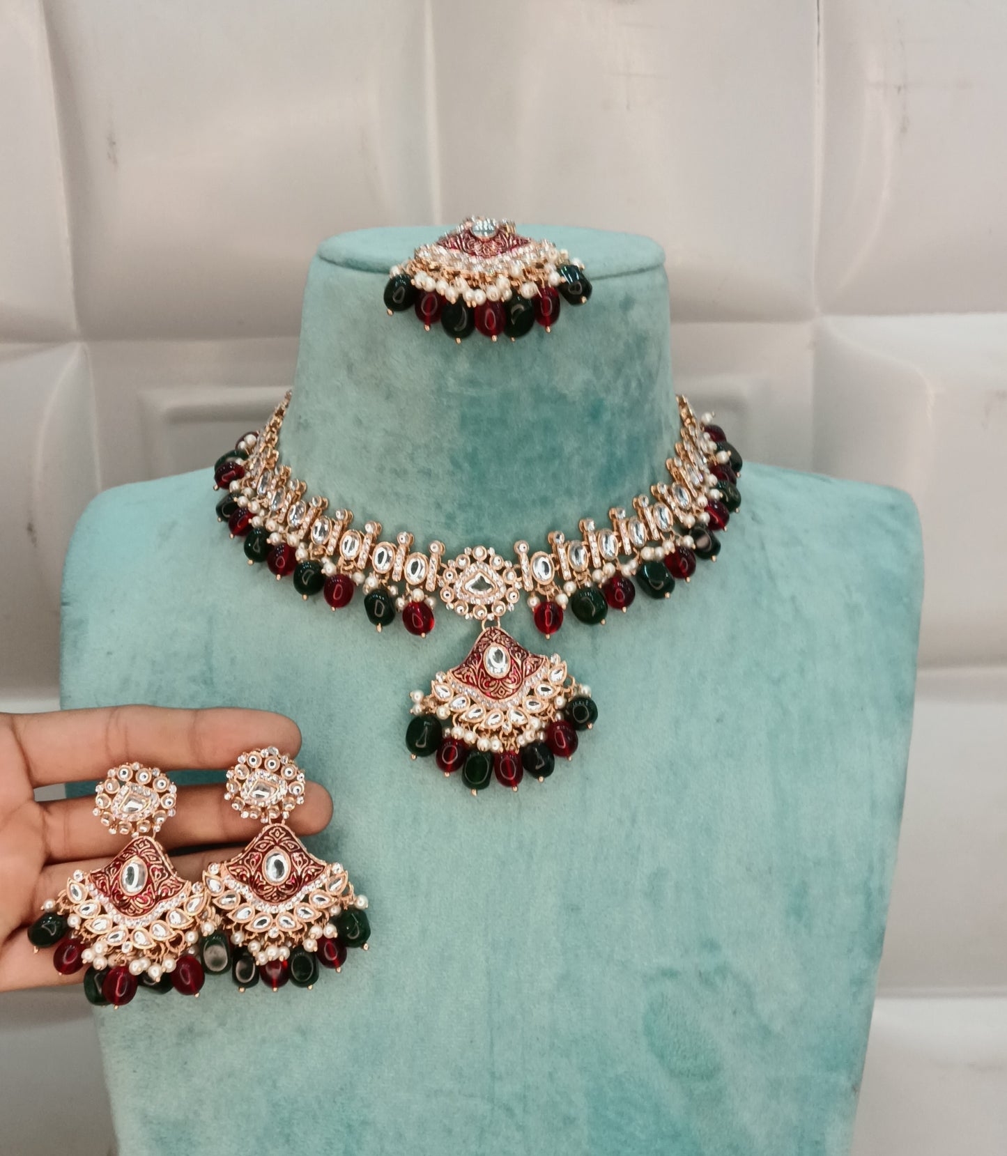Maroon Green Kundan 21 Karet Necklace Jewellery Hipi Set