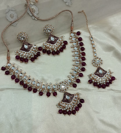 Purple Kundan 21 Karet Necklace Jewellery Hipsi Set
