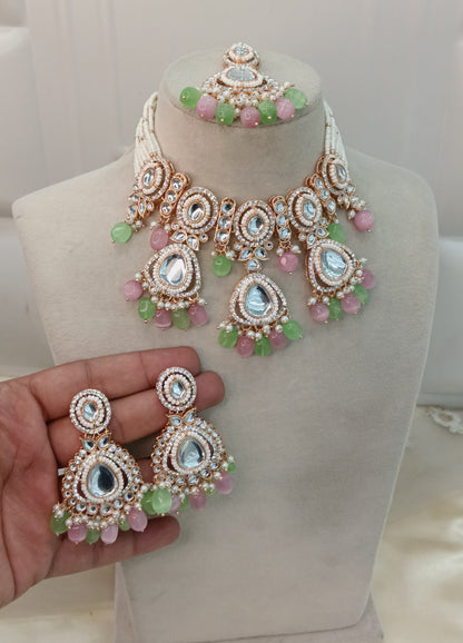 Mint Pink Kundan 21 Karet Choker Jewellery Hudi Set