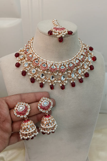Maroon Kundan 21 Karet Necklace Jewellery Facial Sett