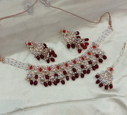 Maroon Kundan 21 Karet Necklace Jewellery Tapes Sett