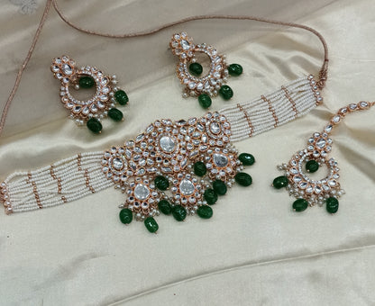 Green Kundan 21 Karet Choker Jewellery Huchi Sett