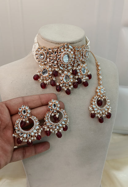 Maroon Kundan 21 Karet Choker Jewellery Huchi Sett