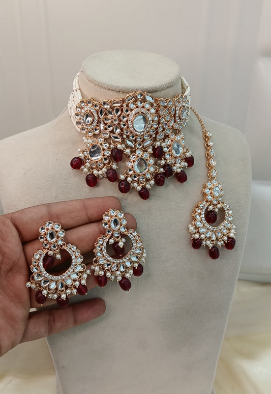 Maroon Kundan 21 Karet Choker Jewellery Huchi Sett