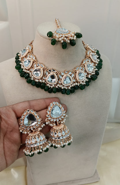 Green Kundan 21 Karet Necklace Jewellery Hari Set