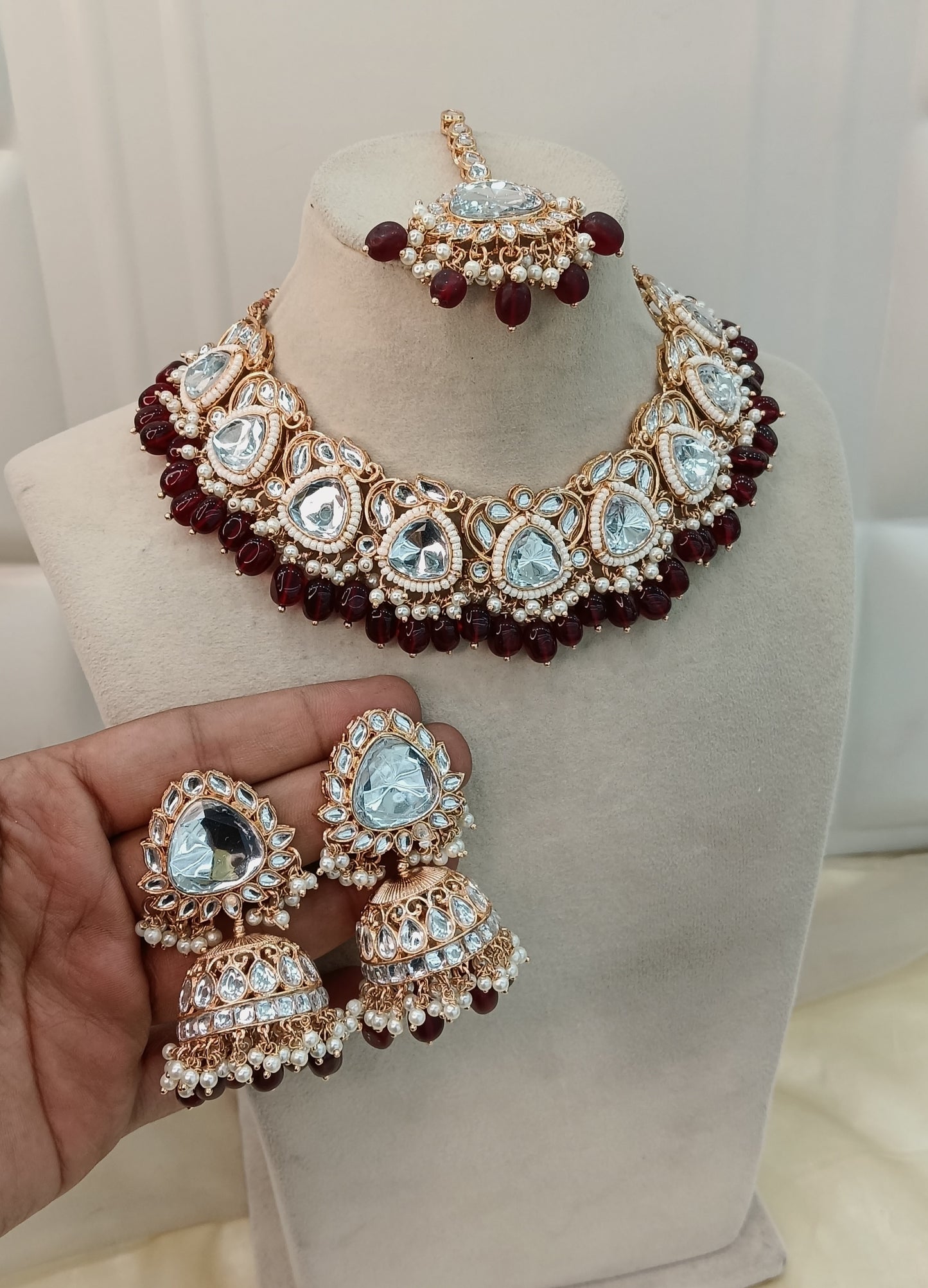Maroon Kundan 21 Karet Necklace Jewellery Hari Set