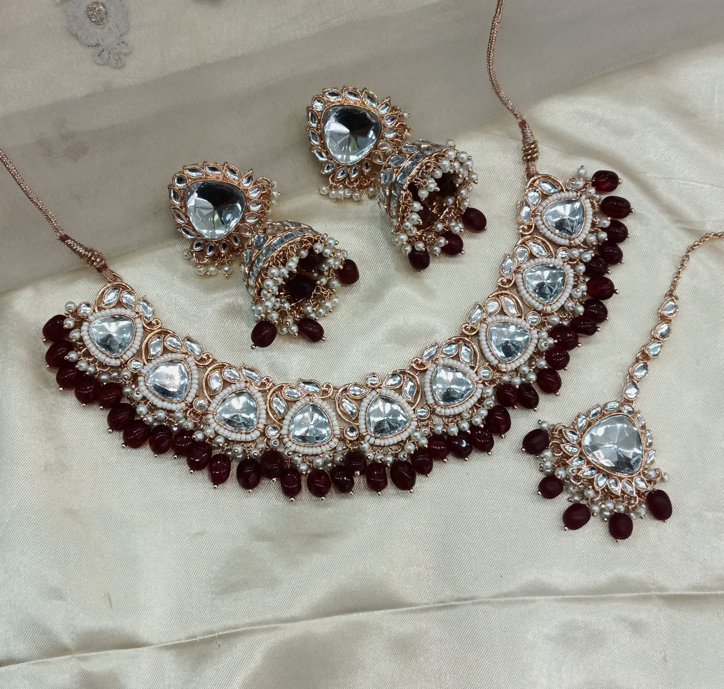 Maroon Kundan 21 Karet Necklace Jewellery Hari Set