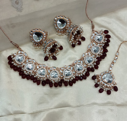 Maroon Kundan 21 Karet Necklace Jewellery Hari Set