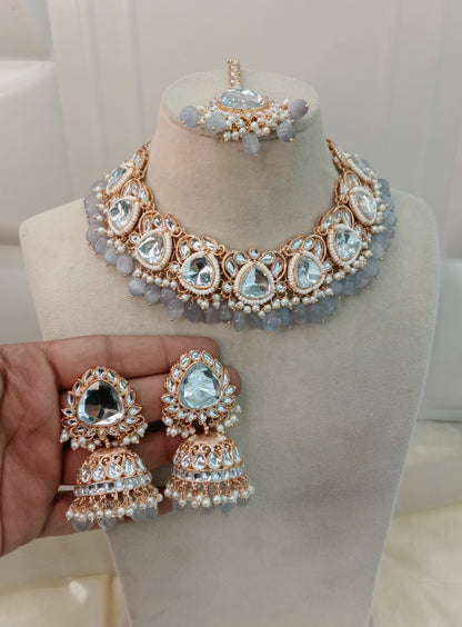 Grey Kundan 21 Karet Necklace Jewellery Hari Set
