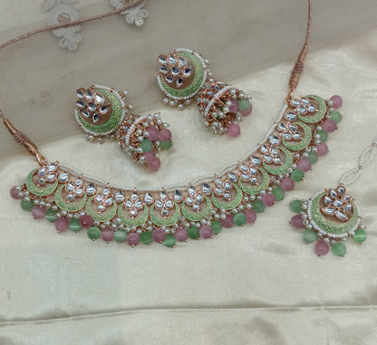 Mint Pink Kundan Karet Choker Jewellery Braillo Set