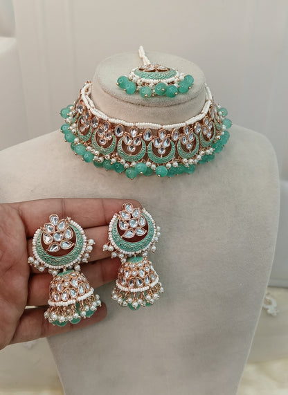 Turquoise Kundan Karet Choker Jewellery Braillo Set