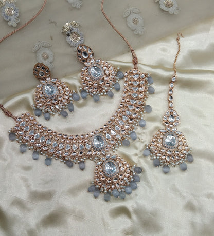 Grey Kundan 21 Karet Necklace Jewellery Hari Set