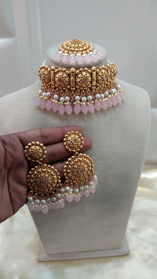 Baby Pink Gold Punjabi choker Birapal set
