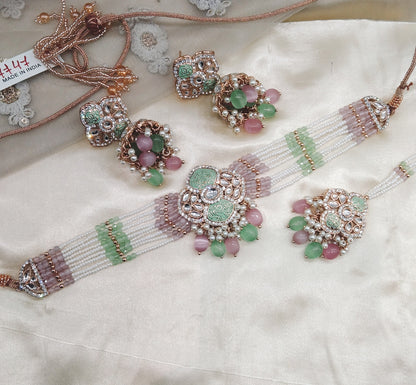 Mint Pink Kundan 21 Karet Choker Jewellery Hipsi Set