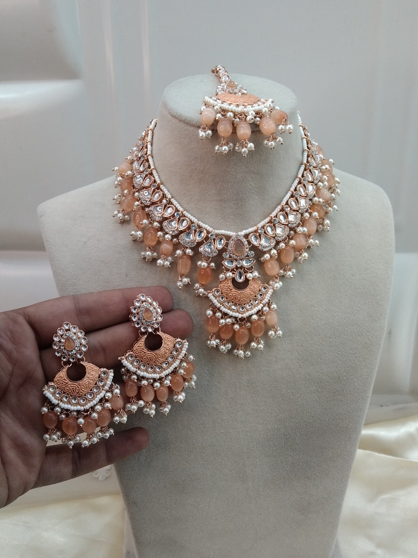 Peach Kundan 21 Karet Necklace Jewellery Most Set