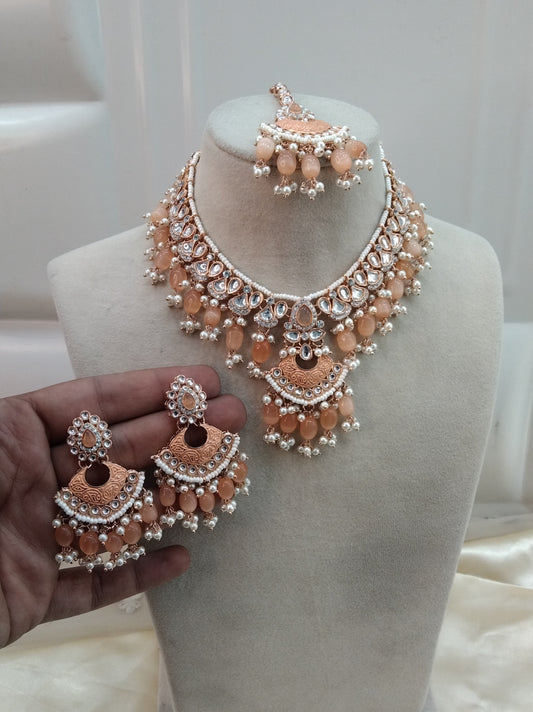 Peach Kundan 21 Karet Necklace Jewellery Most Set