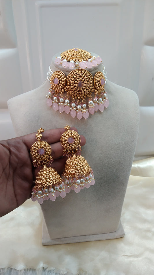 Baby Pink Gold Punjabi choker Birpal set