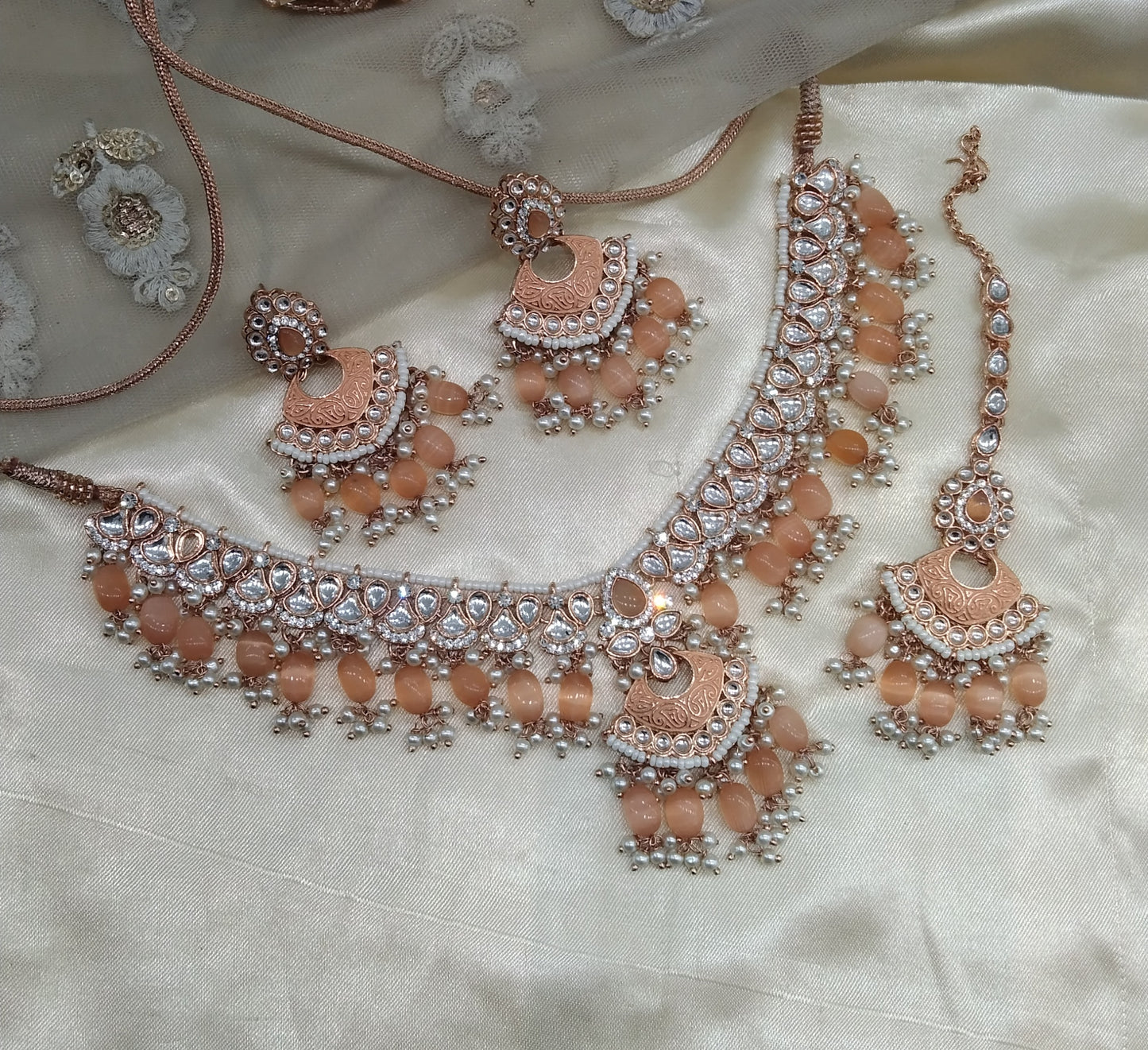 Peach Kundan 21 Karet Necklace Jewellery Most Set