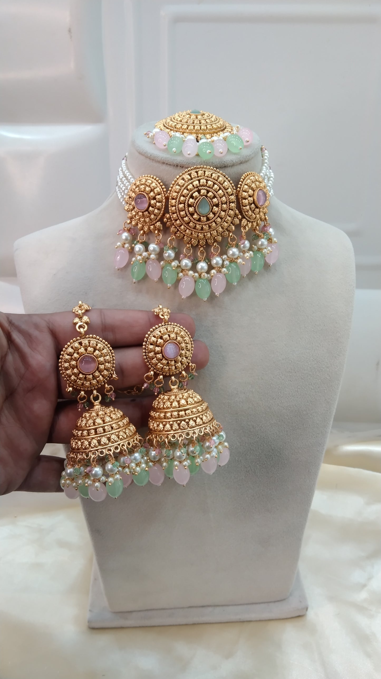 Mint Pink Gold Punjabi choker Birpal set