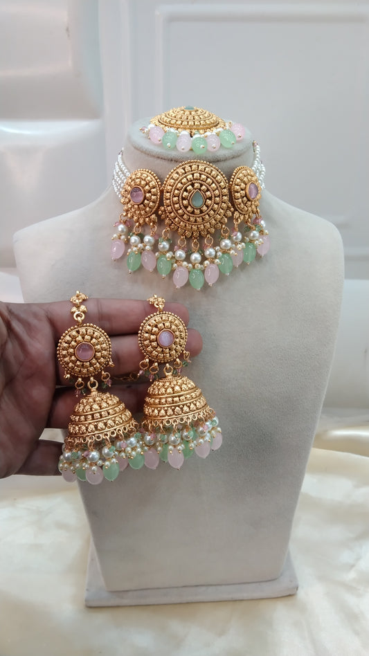 Mint Pink Gold Punjabi choker Birpal set