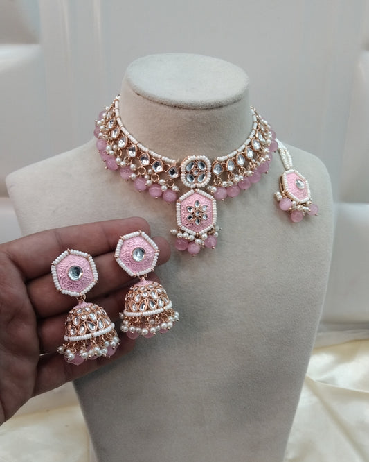 Pink Kundan 21 Karet Necklace Jewellery Preserve Set