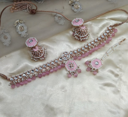 Pink Kundan 21 Karet Necklace Jewellery Preserve Set