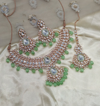 Pista Green Kundan 21 Karet Necklace Jewellery Hari Set