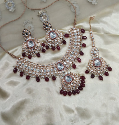 Maroon Kundan 21 Karet Necklace Jewellery Hari Set