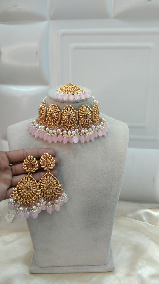Baby Pink Gold Punjabi choker Birpal set