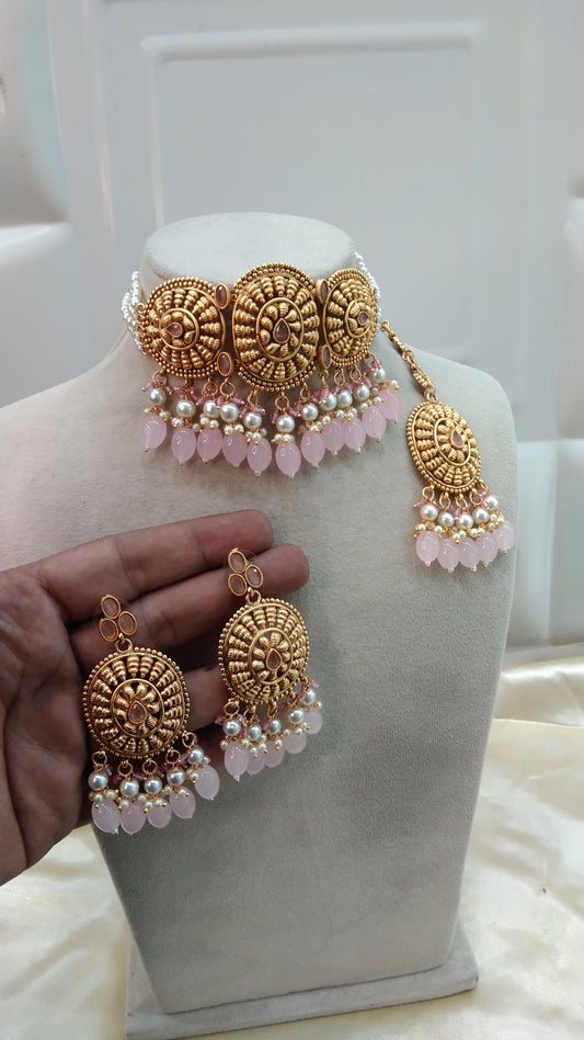 Baby Pink Gold Punjabi choker Birpal set