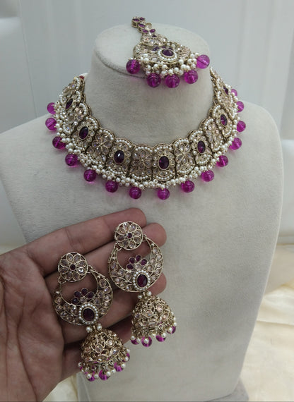 Purple Antique Gold Necklace Jewellery Keeps Set