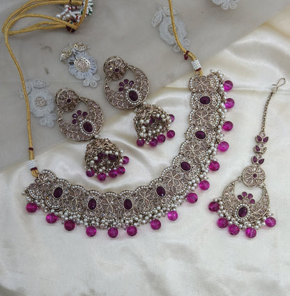 Purple Antique Gold Necklace Jewellery Keeps Set