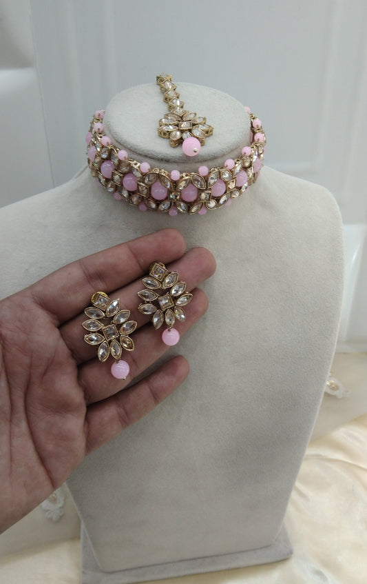 Pink Antique Gold Choker Jewellery Hiki  Set