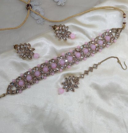 Pink Antique Gold Choker Jewellery Hiki  Set