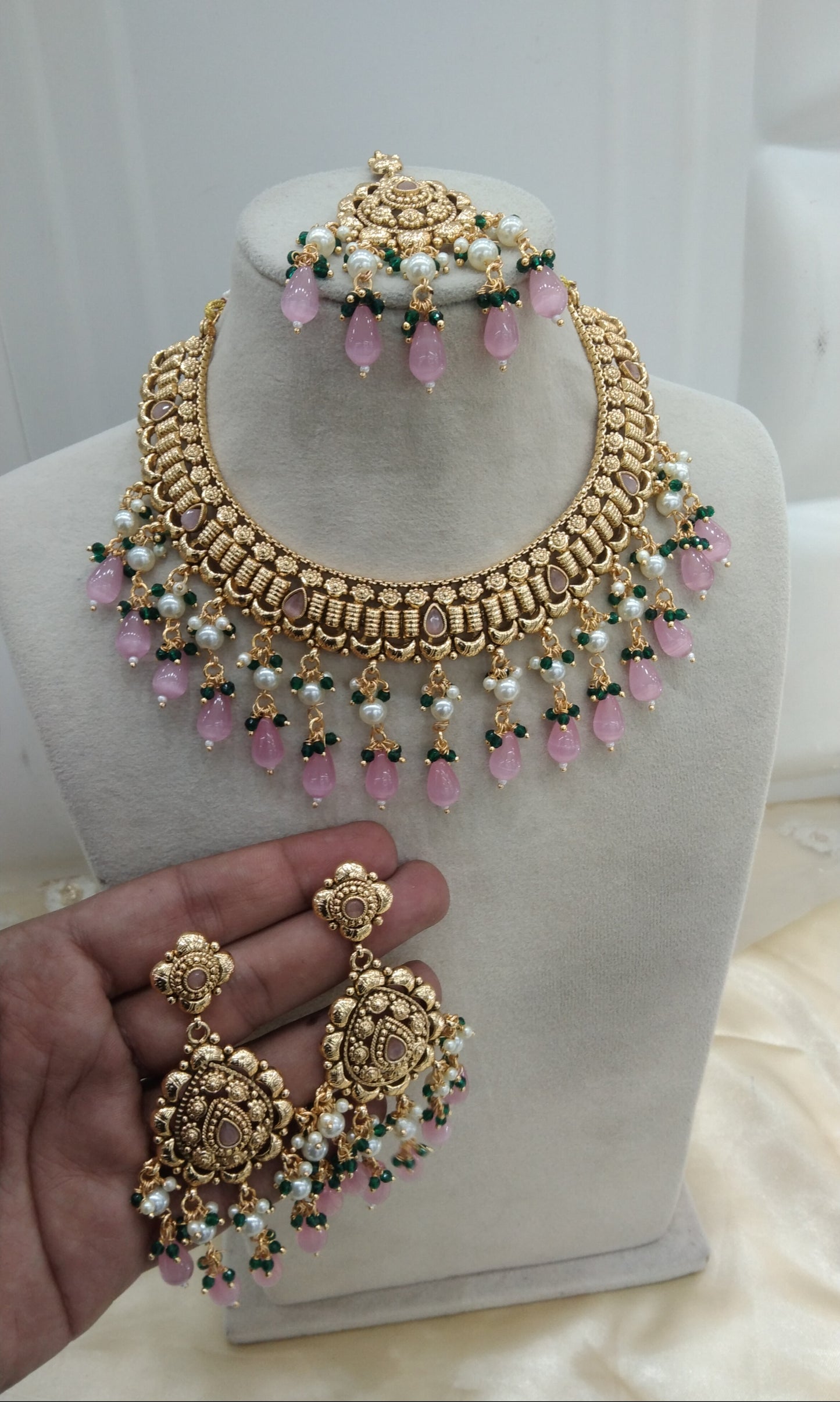 Baby Pink Green Gold Punjabi Nacklace Birpal set