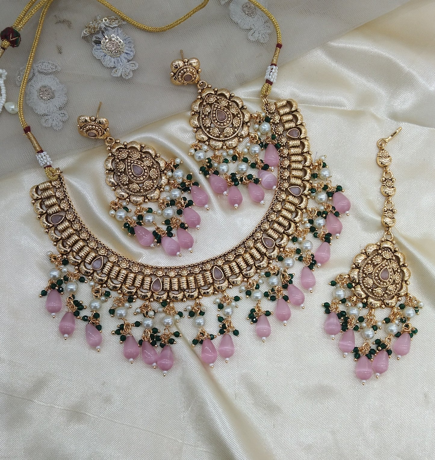 Baby Pink Green Gold Punjabi Nacklace Birpal set