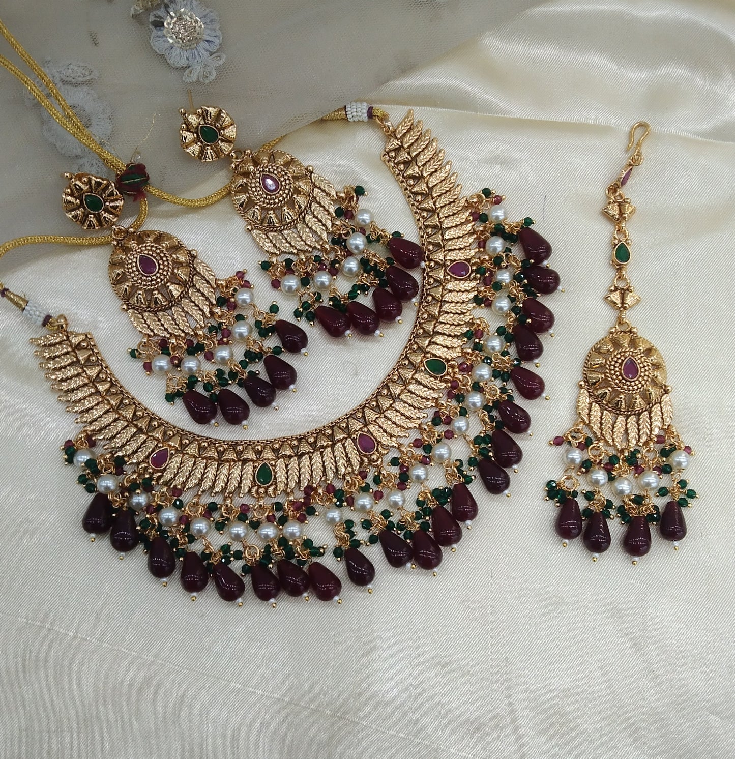 Maroon Green Gold Punjabi Nacklace Birpal set