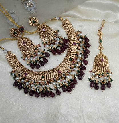 Maroon Green Gold Punjabi Nacklace Birpal set