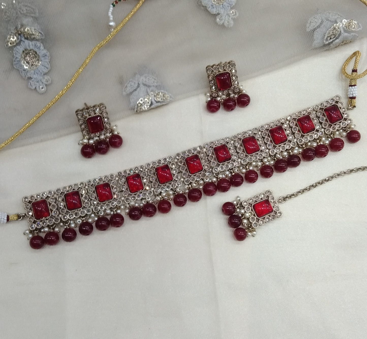 Maroon Choker Jewellery Soha Set