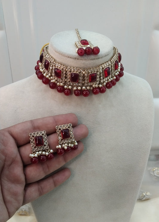 Maroon Choker Jewellery Soha Set