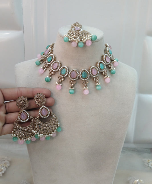 Sea Green Pink Necklace Jewellery Reet Set