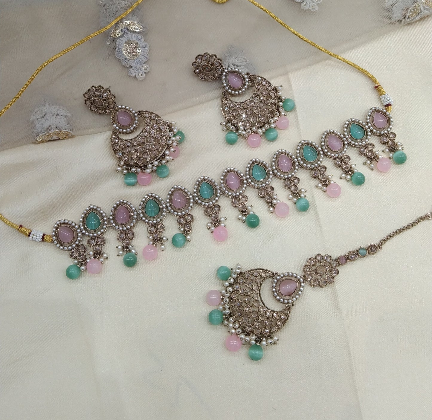 Sea Green Pink Necklace Jewellery Reet Set